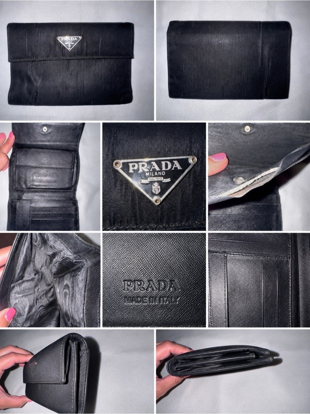 Prada Black Nylon Tri Fold Wallet Coin Purse Card Holder Logo Plaque